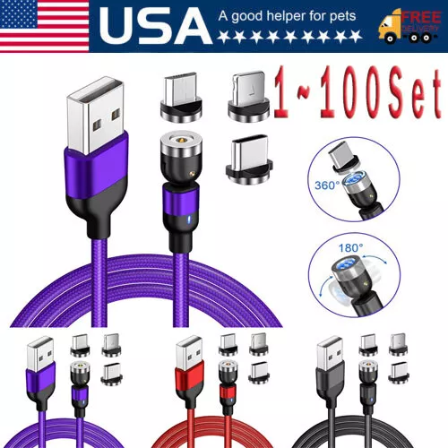 180°+360° Rotate Magnetic Charger Cable Phone Fast Charging Type C Micro USB Lot