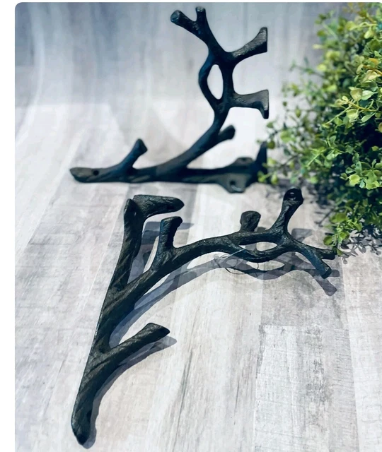 2 Rustic Cast Iron Shelf Bracket Wall Mount Hardware Brace Tree Branch Sculpture
