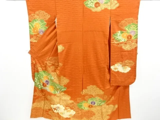 11361# Japanese Kimono / Antique Furisode / Kinsai / Embroidery / Cloud & Flower