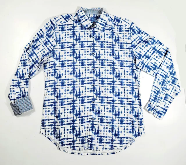 $188 ROBERT GRAHAM Mens MEDIUM Blue Line Print Button Up Dress SHIRT Long Sleeve