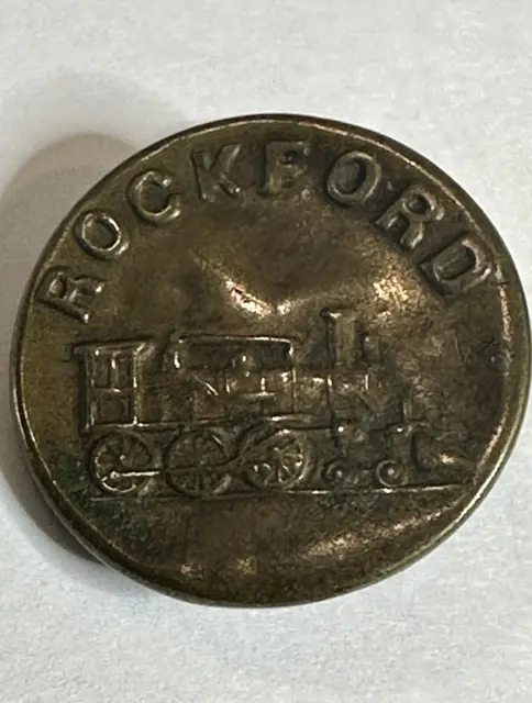 RARE 2 Union Rockford Railroad Antiq VTG Brass Buttons wTrain molded into Button