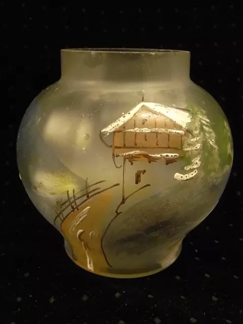 Ancien Vase Boule Verre Emaille Style Legras Decor Neige Chalet Montagne