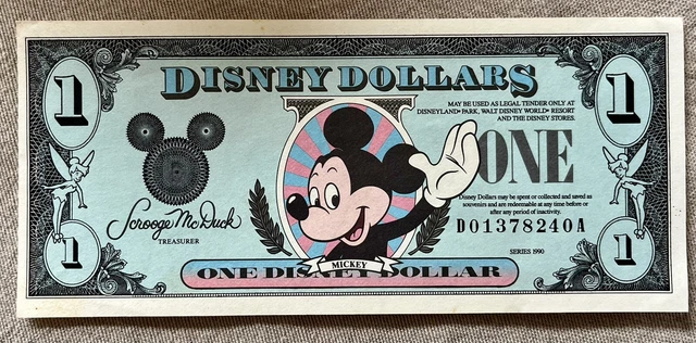 1990 Disney Dollars  Mickey Mouse Dollar $1 Note Uncirculated