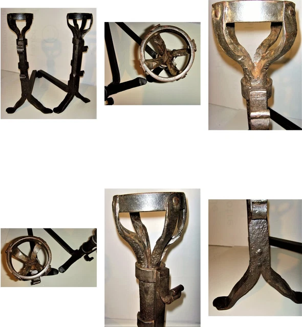 Très ancienne  Paire de landiers chenets rigodets à bol fer forgé ,porte broche