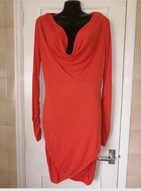 Alice by Temperley Ruched Orange Long Sleeve Waterfall Neckline Dress Size UK 8