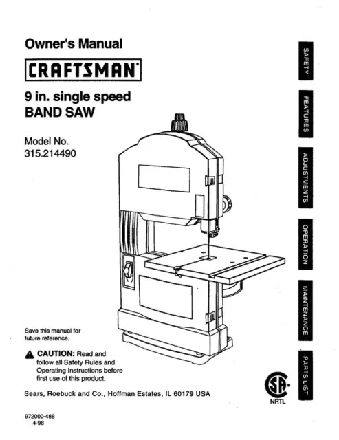 Owner's Manual & Parts List  Sears Craftsman 9" Band Saw - Model 315.214490