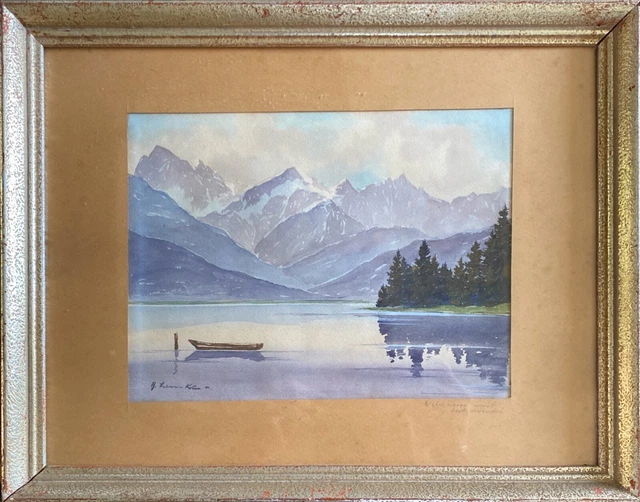 Tableau Aquarelle d'Arno Lemke (né en 1916) Lac de montagne situé
