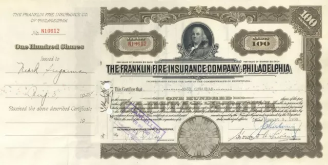 Franklin Fire Insurance Co of Philadelphia - Stock Certificate - General Stocks