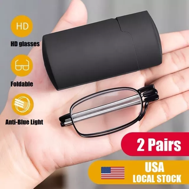 2 PAIR Metal Compact Folding Anti-Blue Light Reading Glasses w/ Carrying Case US