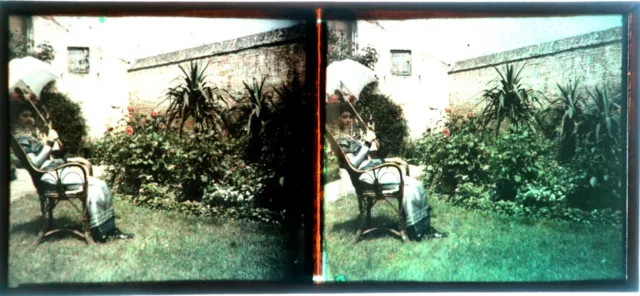 Autochrome Stereo Light Glass Plate Women in the Garden Early 20th Century