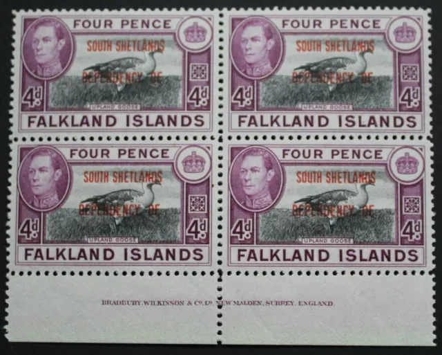 Falkland Islands Deps/South Shetlands 1944 Four Pence Imprint block SG D5 u/mint