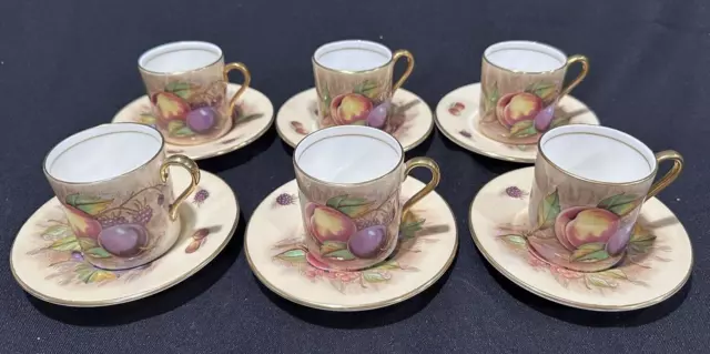 (6) Sets Aynsley Bone China Orchard Gold Fruit Demitasse Cup and Saucers England