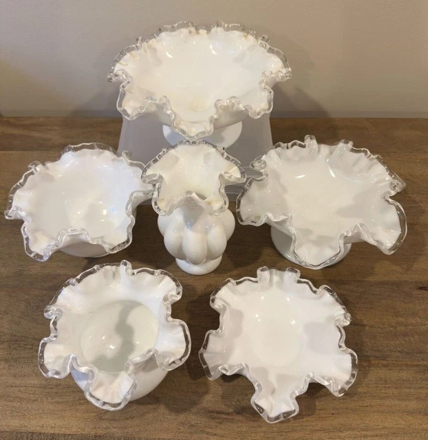 VINTAGE FENTON SILVER Crest Ruffled Edge Milk Glass Unmarked You
