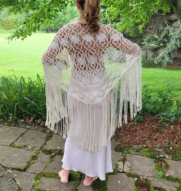 Maya Matazaro Ivory Piano Shawl Wrap – Silk Burnout Velvet With Fringe – Made In USA