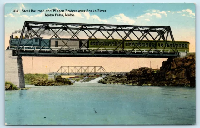 POSTCARD Steel Railroad and Wagon Bridges over Snake River Idaho Falls Train