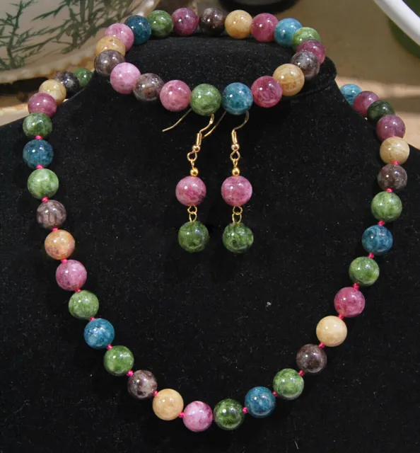 Natural Multicolor Tourmaline Round Gems Beads Necklace Bracelet Earrings Set