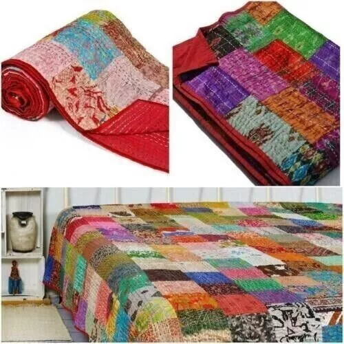 Indio Handmade Bloqueado Patchwork Kantha Colcha Manta de Algodón Doble Art