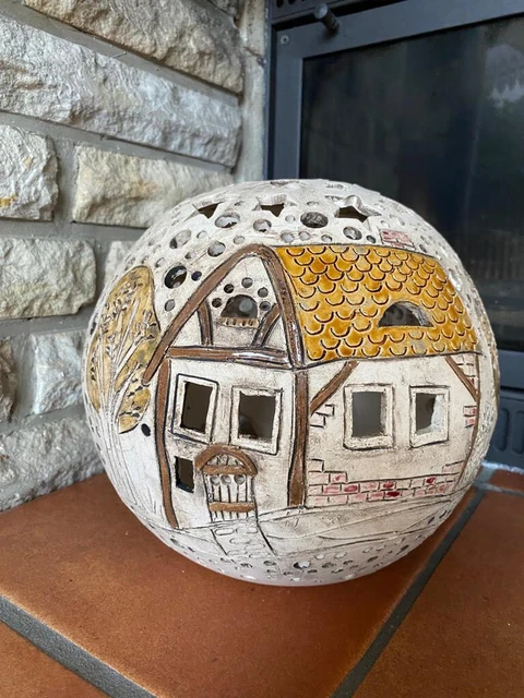 Leuchtkugel Landschaft mit Sterne, Keramik Windlicht Unikat, Handarbeit