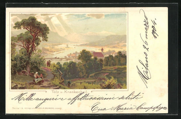 Künstler-AK Bad Tölz, Teilansicht vom Ort im Sonnenschein 1904
