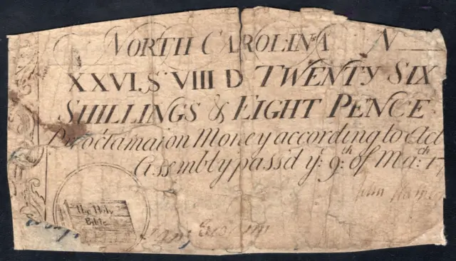 North Carolina Colonial Note Fr#NC-80 March 9, 1754 26s8d *Holy Bible*