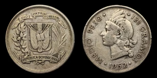 1952 Dominican Republic 1/2 Peso .900 Silver, head of Indian woman, Liberty