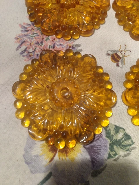 Vintage Pressed Glass Rosette Flower Curtain Tie Backs  Set Of Four Amber 4.25" 2