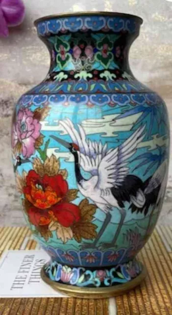 RARE Beautiful Cloisonne Vase w Cranes and a Floral Design- Great Quality!