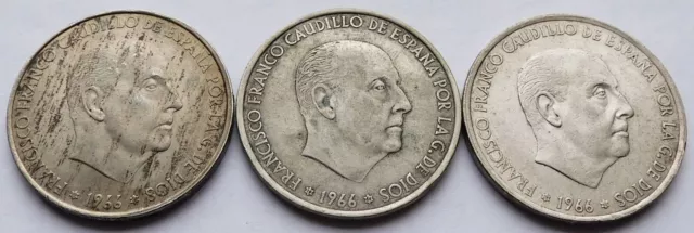 Three 1966 Spain 100 Pesetas PTAS Silver coins, "66" & "68" on stars