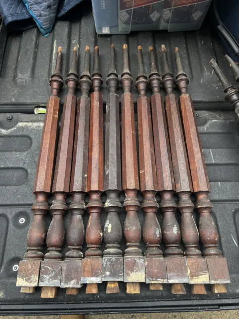 Lot of 10 c1870 chestnut turned staircase spindle balusters - 30-31” x 2” sq btm