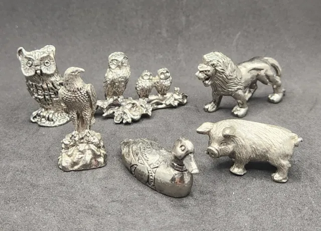(6) Vintage Miniature Pewter Animals - Duck Pig Lion Owl Babies Eagle