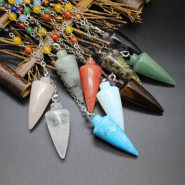 Natural Chakra Crystal Cone Pendulum Quartz Stone Pendant Necklace Healing Reiki