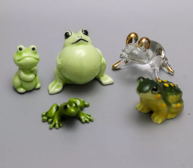 Vintage Lot of Five Different Miniature Frogs Crystal Ceramic