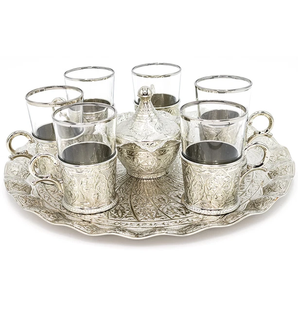 Turkish Luxury 8 Piece Large Tea Cup Set | Ottoman Style Circular Tray - Silver