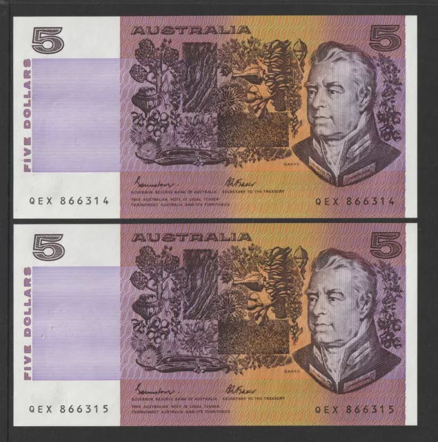 Johnston/Fraser 1985 : Consecutive pair of OCRB Serials $5 Paper Banknotes, Unc.
