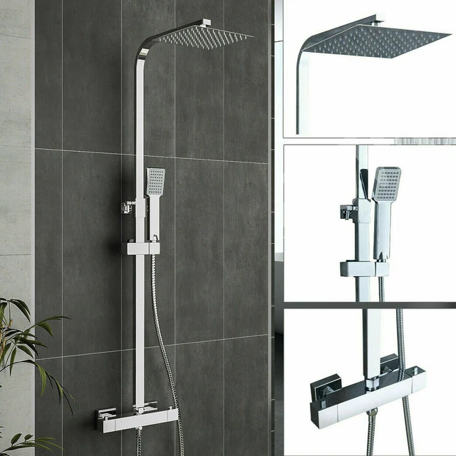 Bathroom Thermostatic Exposed Shower Mixer Twin head Large Square Bar Set Chrome