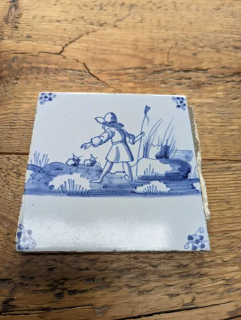 L19th C blue Delft tile, shepherd with sheep & crook , antique exc cond 4 age