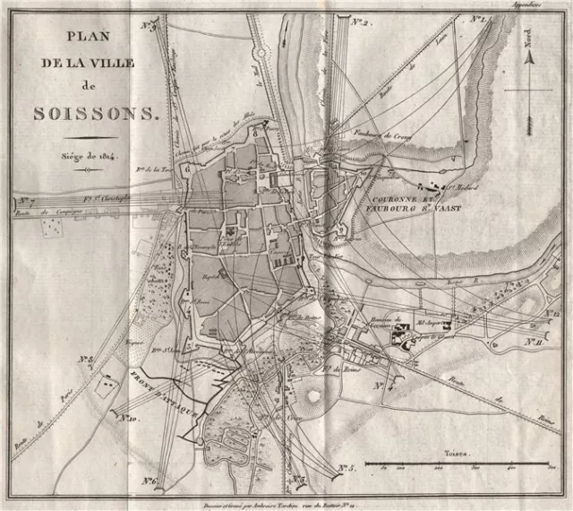 Siege of SOISSONS 1814. City plan. Aisne 1821 old antique map chart