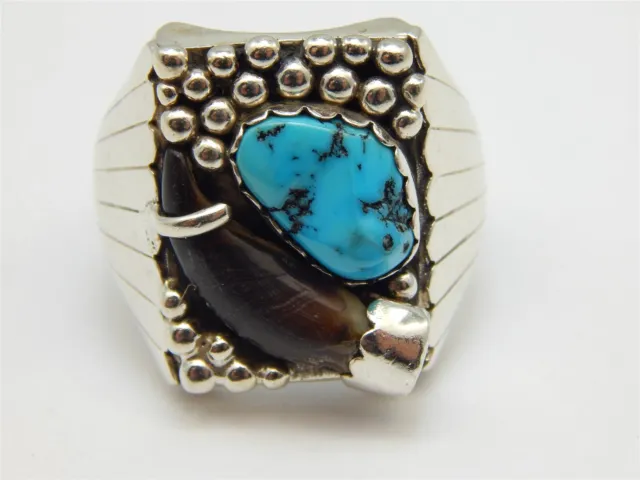 Claw Turquoise Nugget Sterling Silver Bead Work Men's Ring Size: 13.5