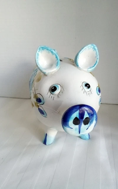 Vtg Italian Art Pottery Pig Piggy Bank Hand Painted Blue Floral Roses Italy