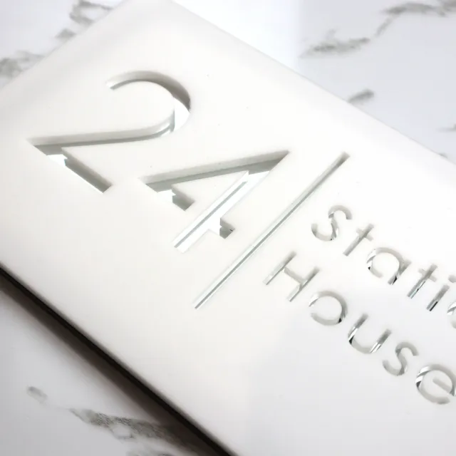 Modern Laser Cut House Signs Matt White Perspex & Mirrored Numbers 300mm x 160mm
