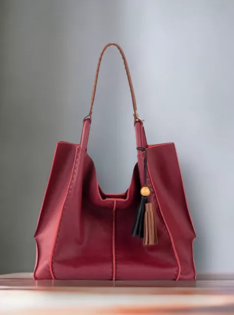 THE SAK Los Feliz Tote Shoulder Handbag Crimson Slouchy Hobo 100% Leather Boho
