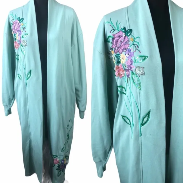 Vintage Hand Beaded Embroidered Womens Longline Duster Cardigan Hong Kong Sz S