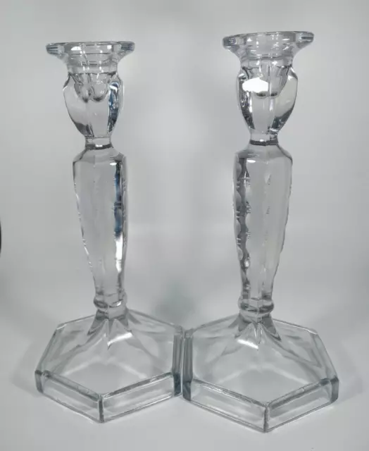 Pair Of Vintage Clear Glass Candlesticks with Pretty Etchings  8.5" Tall