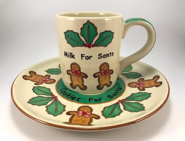 Santa's Milk & Cookies Cup & Plate Set Gingerbread and Holly Design Stoneware