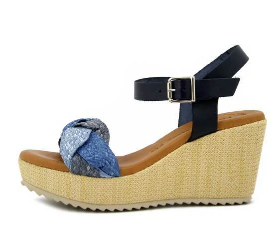 Sandales Femmes Confortable en Cuir Et Raphia Bleu Compensé Moyenne le Plateau