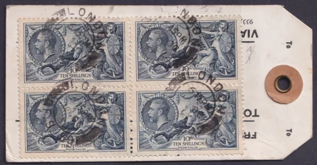 1934 SG 452 10/- Indigo Re-Engraved Seahorse Block + Pair on Parcel Tag Label