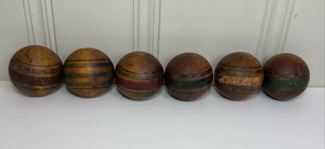 Set of Six Antique Victorian Wood Striped Croquet Balls - Vintage Sports 3.25”