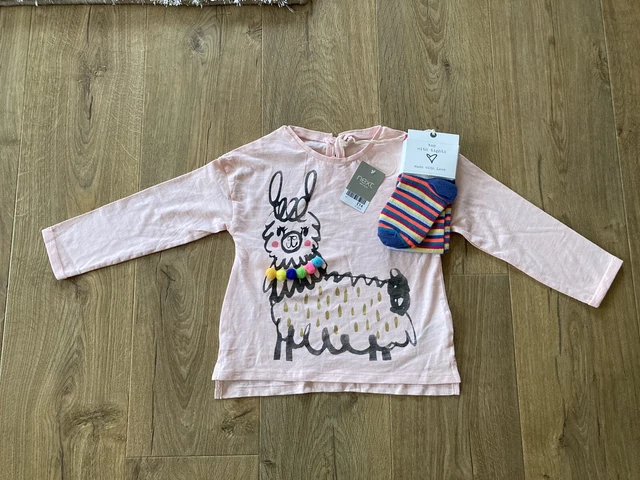 Next Girls Llama Top & Striped Tights Set  Spring Bundle - 3-4 Years - Bnwt