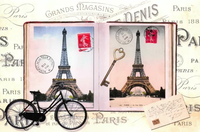 Postcard, French Vintage Style Art Bicycle Eiffel Tower Carte Postale France 75L