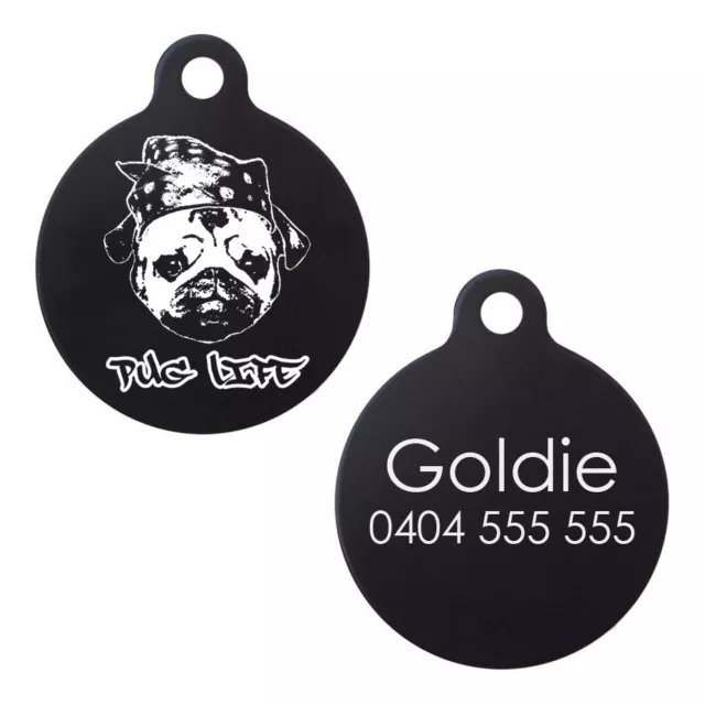 Funny Pug Life Rap Dog Hip Hop R and B Pet Puppy ID Tag Engraved Round Aluminium